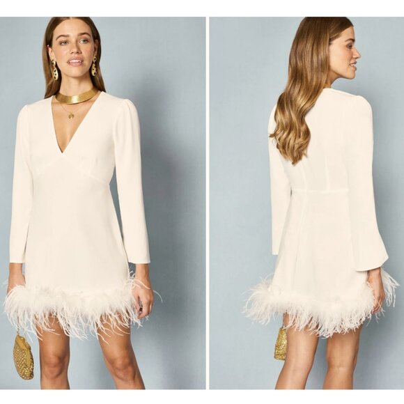 RIXO Womens Bridal Toni Feathered Mini Dress 14 White V-Neck Wedding Par… - Picture 1 of 16